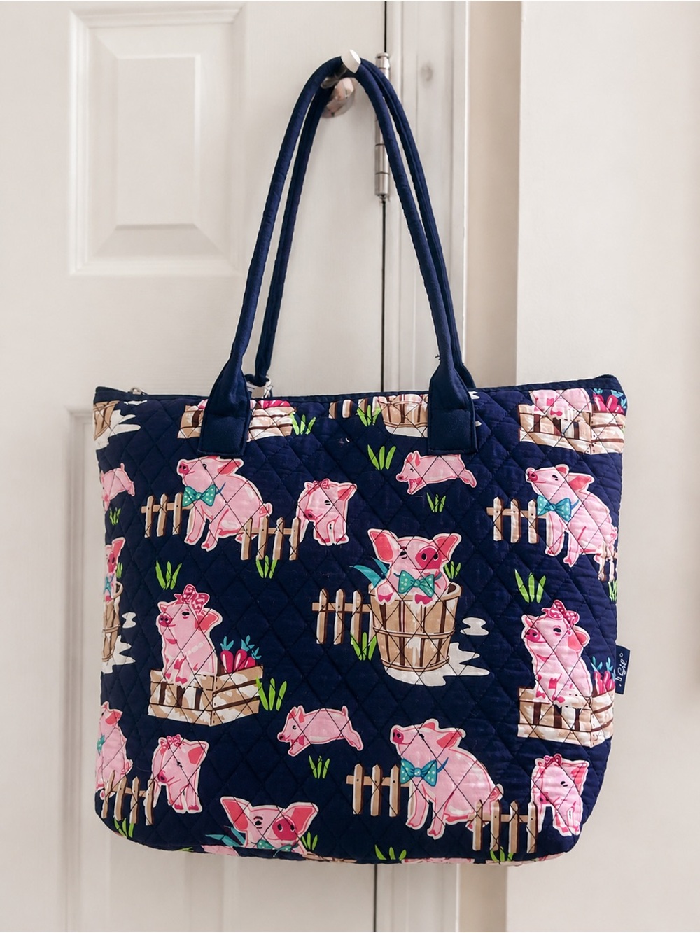 Navy Quilted Tote with Pink Pig Pattern